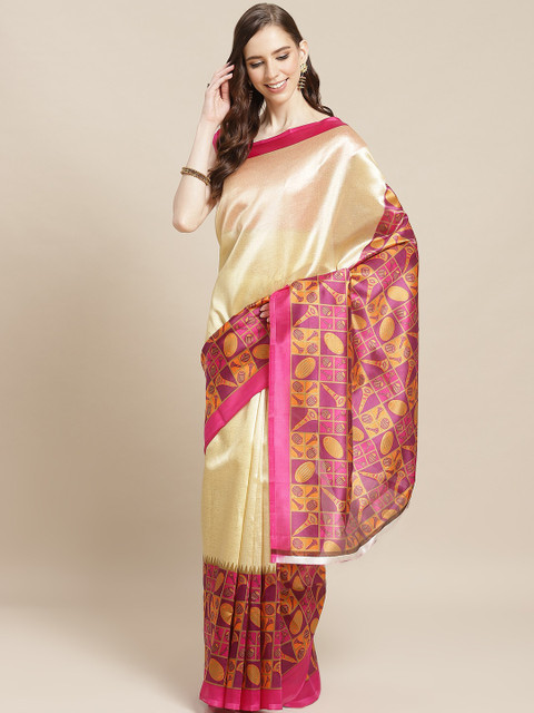 

7Rainbow Beige & Pink Solid Mysore Silk Saree