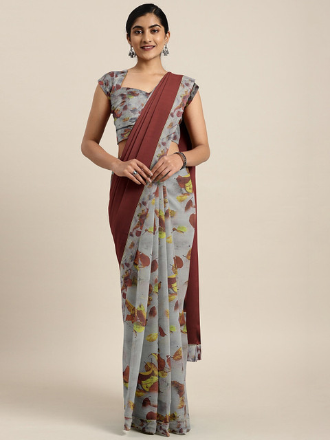 

Pothys Grey & Maroon Pure Georgette Printed Half and Half Saree