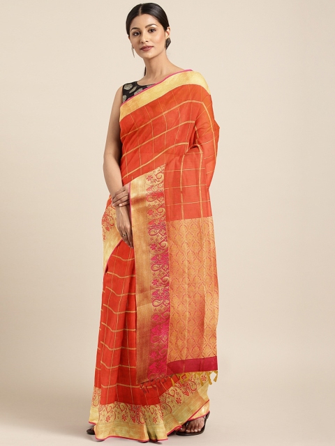 

Pothys Orange & Gold-Toned Silk Cotton Checked Saree