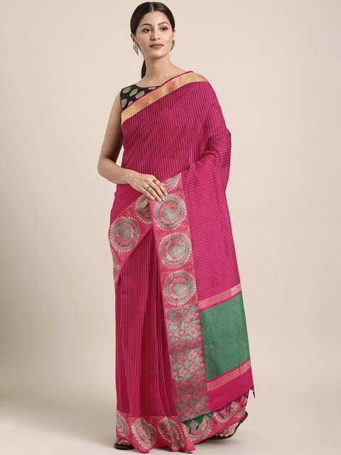

Pothys Pink & Green Silk Cotton Striped Saree