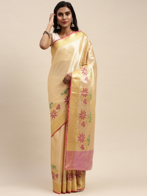 

Pothys Cream-Coloured & Gold-Toned Tissue Woven Design Saree