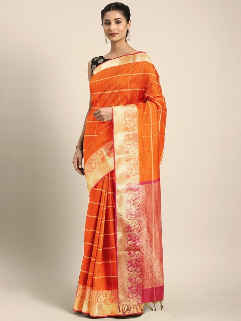 

Pothys Orange & Gold-Toned Silk Cotton Checked Saree