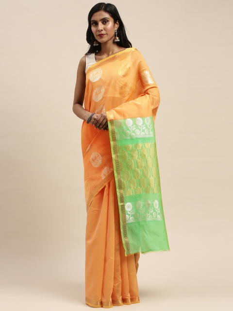 

Pothys Peach-Coloured & Lime Green Silk Cotton Woven Design Saree