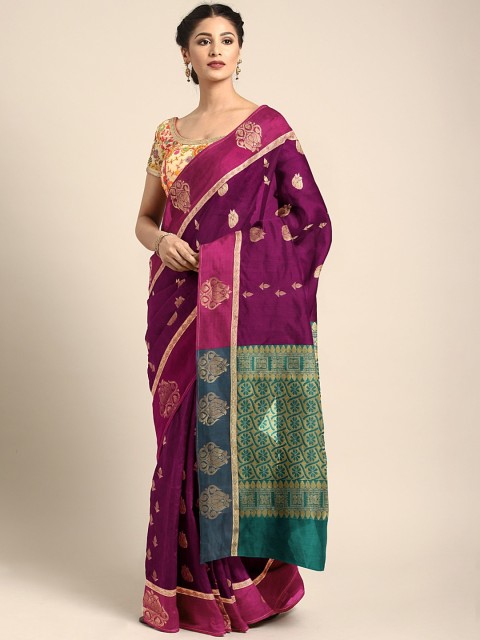 

Pothys Magenta-Pink& Gold-Toned Silk Cotton Woven Design Saree