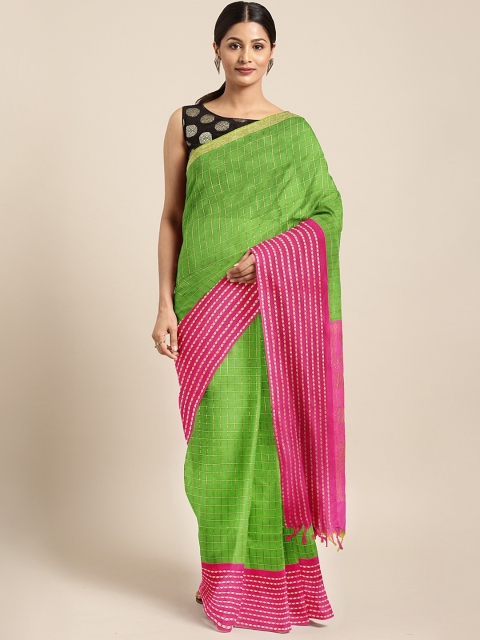 

Pothys Green & Pink Silk Cotton Checked Saree