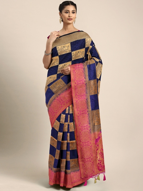 

Pothys Navy Blue & Gold-Toned Jute Silk Woven Design Saree