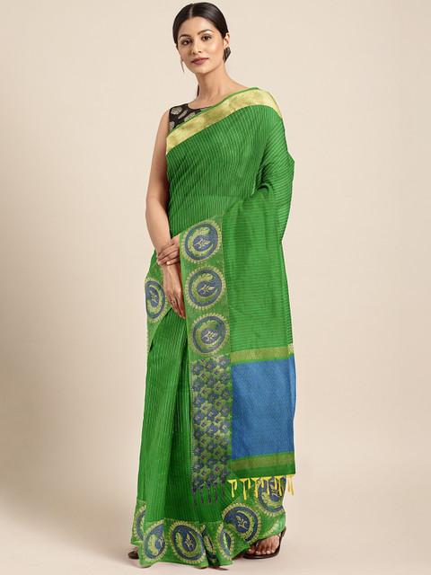 

Pothys Green & Blue Silk Cotton Striped Saree