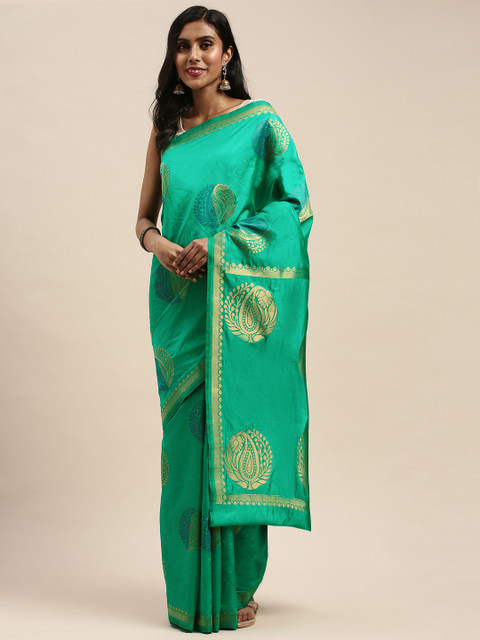 

Pothys Green & Gold-Toned Woven Design Jute Silk Saree