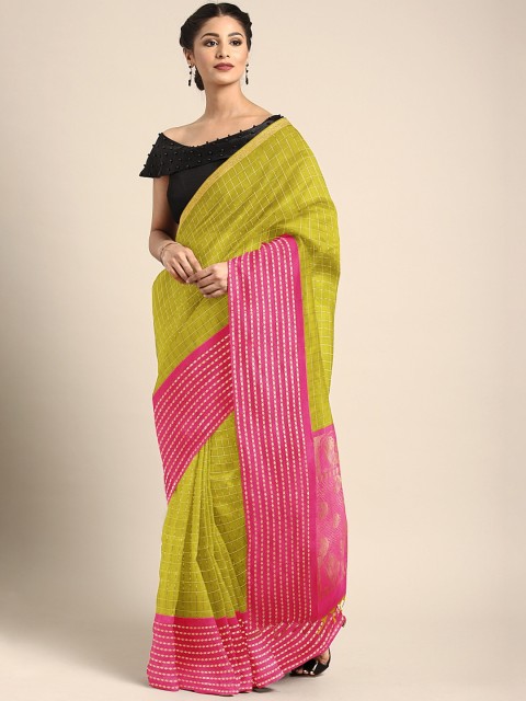 

Pothys Olive Green & Pink Silk Cotton Checked Saree