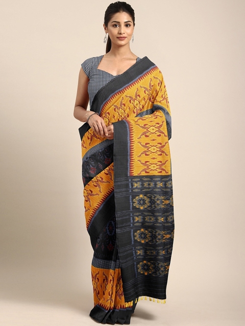 

Pothys Mustard Yellow & Black Jute Cotton Printed Saree