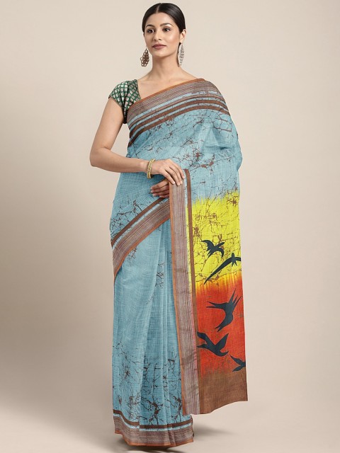 

Pothys Blue & Beige Linen Blend Printed Saree