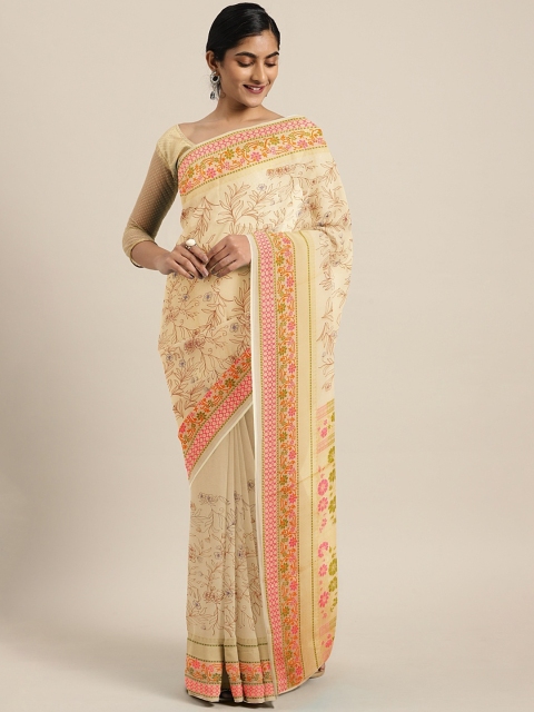 

Pothys Cream-Coloured & Pink Net Printed Saree