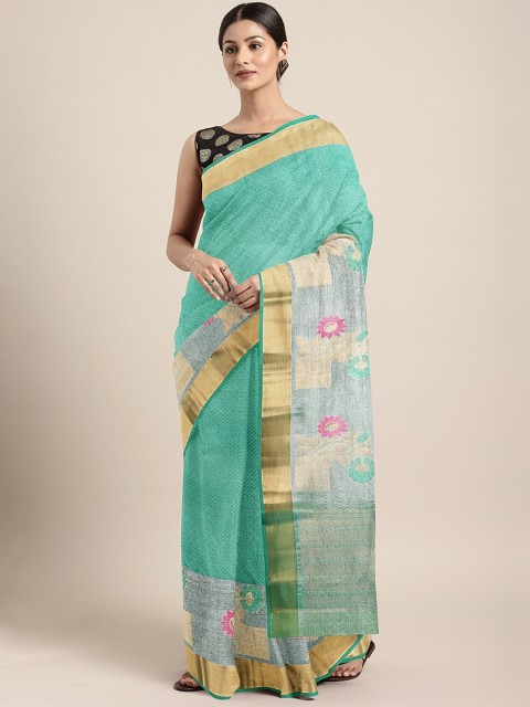 

Pothys Sea Green & Gold-Coloured Tissue Tanchui Silk Woven Design Saree