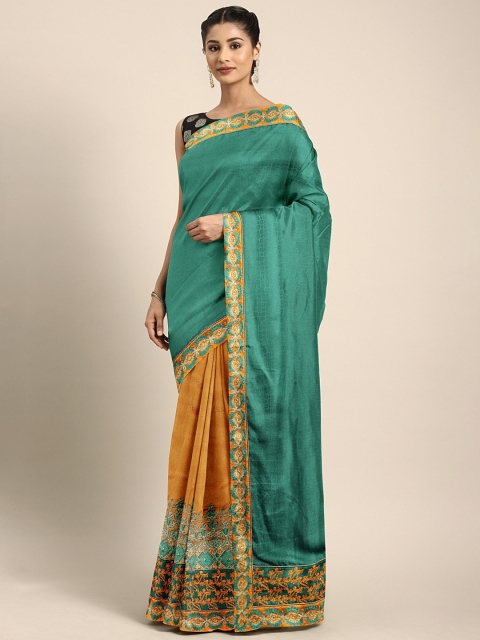 

Pothys Green & Mustard Yellow Jute Silk Solid Saree