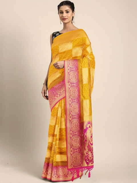 

Pothys Mustard Yellow & Gold-Toned Woven Design Jute Silk Saree