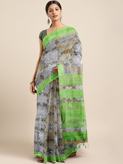 

Pothys Grey & Green Jute Cotton Checked Saree