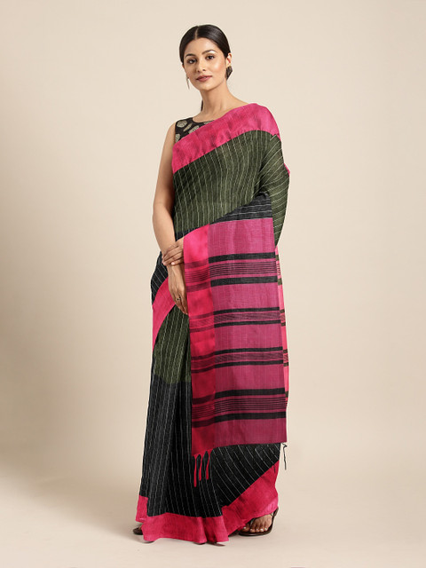 

Pothys Olive Green & Black Silk Cotton Striped Saree