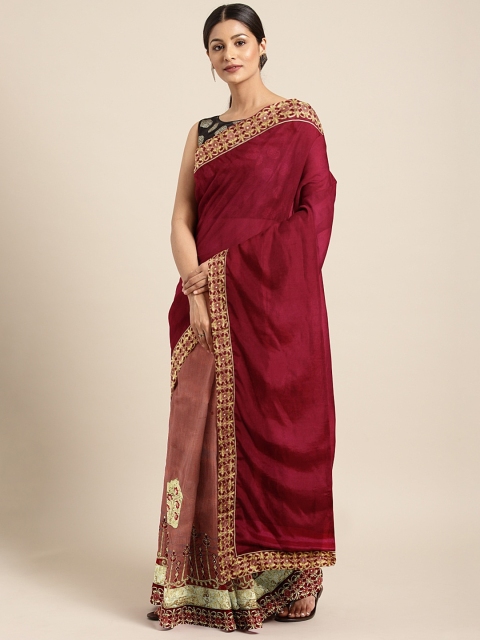 

Pothys Maroon Embroidered Jute Silk Saree with Embellished Border