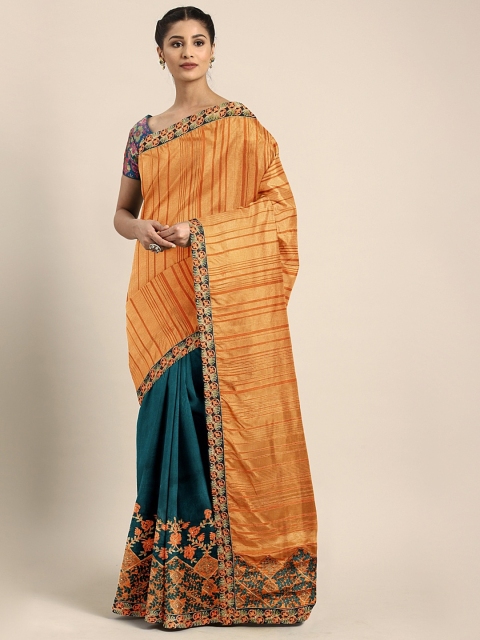 

Pothys Orange & Green Jute Silk Striped Saree