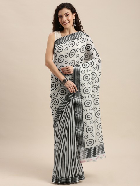 

Pothys White & Black Linen Blend Printed Saree