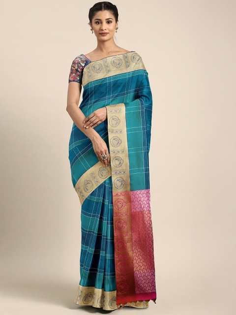 

Pothys Teal Checked Silk Cotton Saree