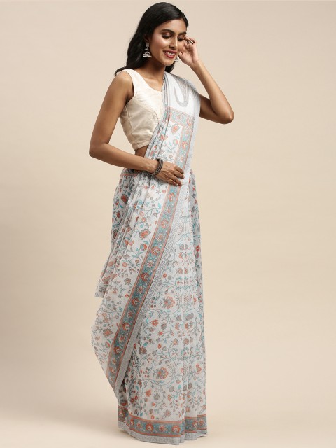 

Pothys White & Orange Supernet Floral Printed Saree