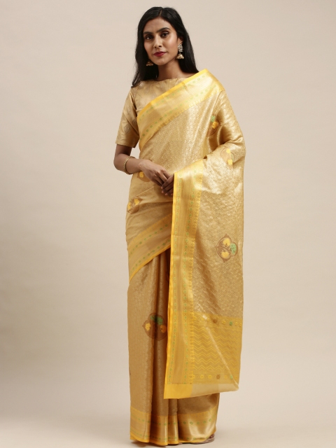 Pothys Cream-Coloured & Gold-Toned Tissue Checked Saree