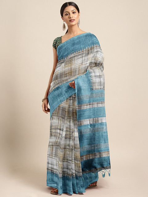 

Pothys Grey & Blue Jute Cotton Printed Saree