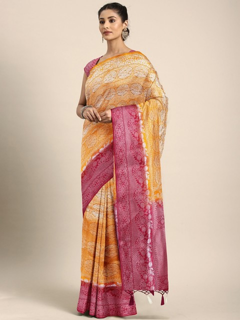 

Pothys Mustard Yellow & Pink Jute Silk Woven Design Saree