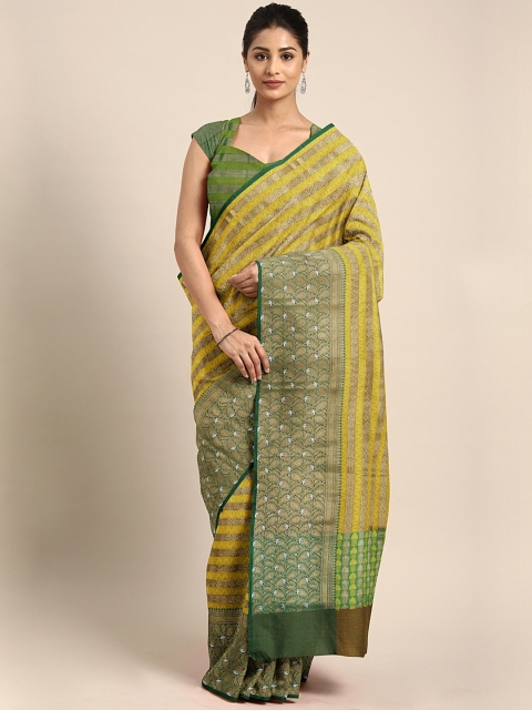

Pothys Mustard Yellow & Gold-Toned Tissue Striped Saree