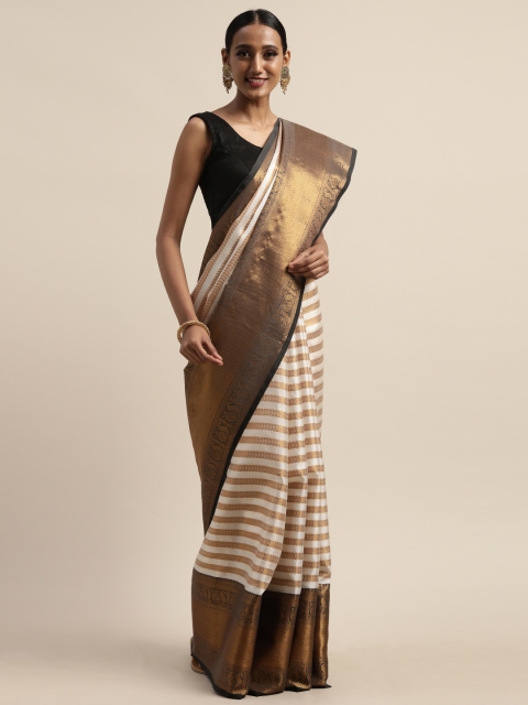 

Pothys White & Gold-Toned Tissue Striped Saree