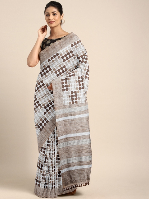 

Pothys White & Brown Jute Cotton Printed Saree