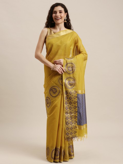 

Pothys Mustard Yellow & Gold-Toned Silk Cotton Woven Design Saree