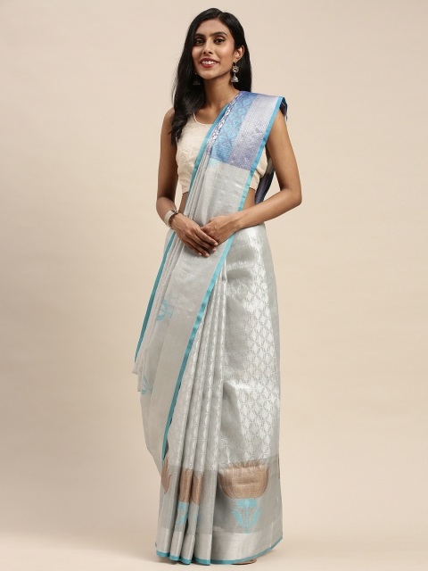 

Pothys Silver-Toned & Blue Tissue Woven Design Saree