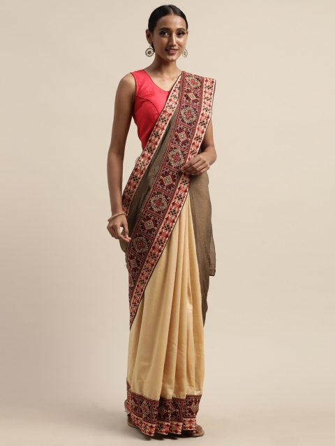 

Pothys Beige & Red Jute Silk Solid Saree