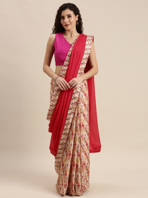 

Pothys Red & White Pure Georgette Half and Half Printed Saree