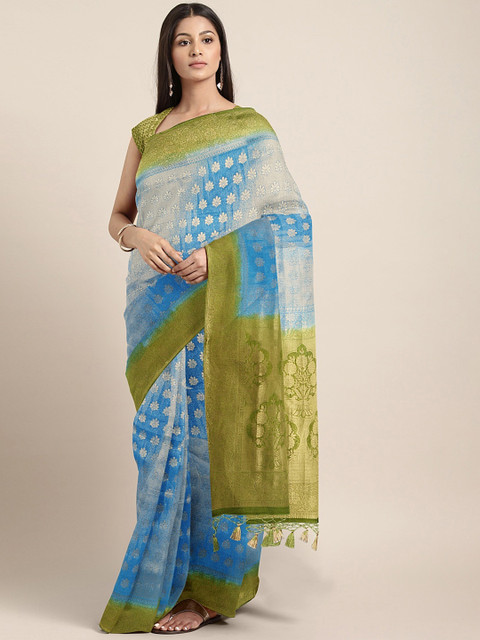 

Pothys Blue & Olive Green Jute Silk Woven Design Saree