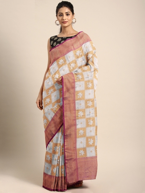 

Pothys Silver-Toned & Beige Tissue Checked Saree