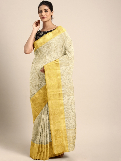 

Pothys Cream-Coloured & Yellow Tissue Woven Design Saree