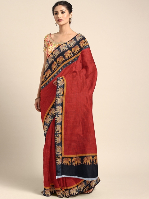 

Pothys Red & Black Linen Blend Solid Saree