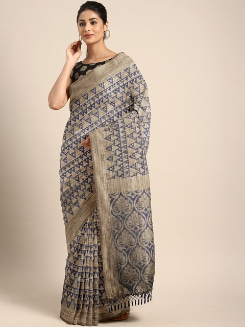 

Pothys Beige & Blue Jute Cotton Printed Saree