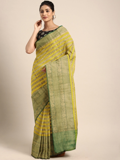 

Pothys Mustard Yellow & Gold-Toned Tissue Striped Saree
