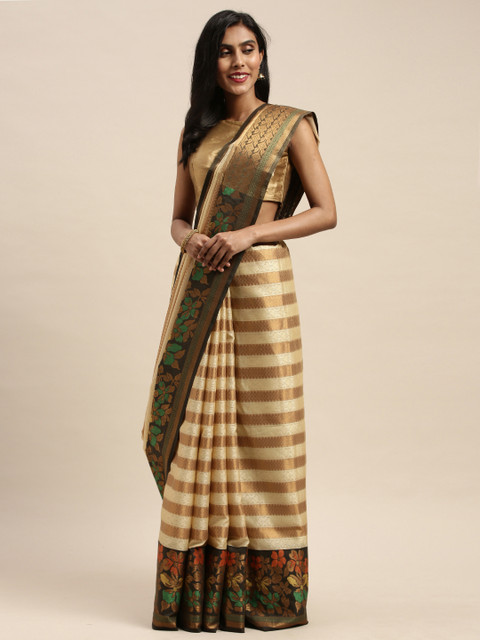 

Pothys Cream-Coloured & Gold-Toned Tissue Striped Saree