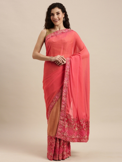 

Pothys Pink & Peach-Coloured Jute Silk Solid Saree with Embellished Border
