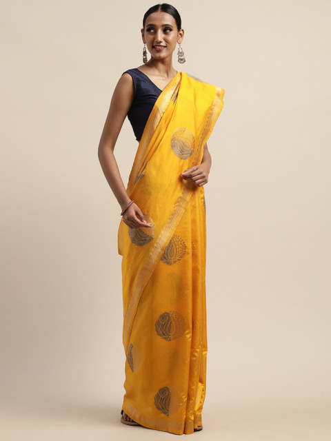 

Pothys Mustard Yellow & Gold-Toned Jute Silk Woven Design Saree