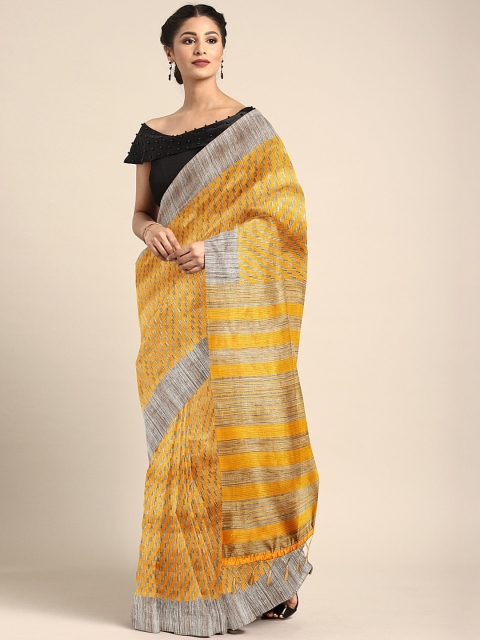 

Pothys Mustard Yellow & Beige Jute Cotton Striped Saree