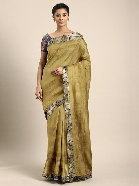

Pothys Mustard Yellow with a Tinge of Green Solid Poly Silk Saree