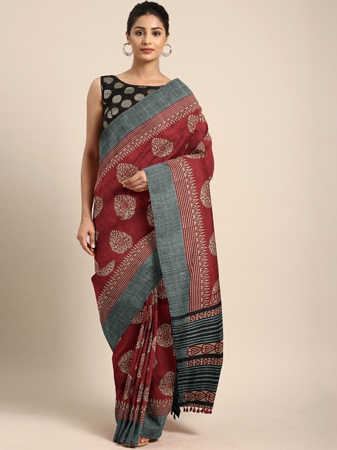 

Pothys Maroon & Grey Jute Cotton Printed Saree