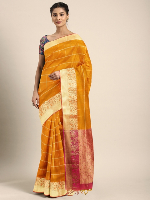 

Pothys Mustard Yellow & Gold-Toned Silk Cotton Checked Saree