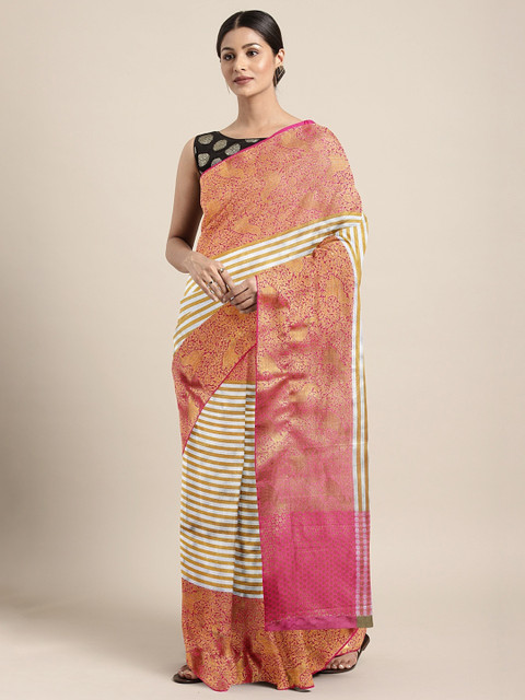 

Pothys Pink & Gold-Toned Tissue Striped Saree